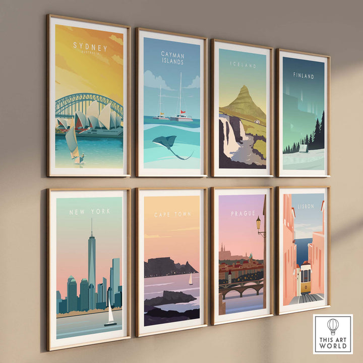 Collection of vintage travel poster prints featuring Sydney, New York, Cape Town, Prague, Iceland, and more.