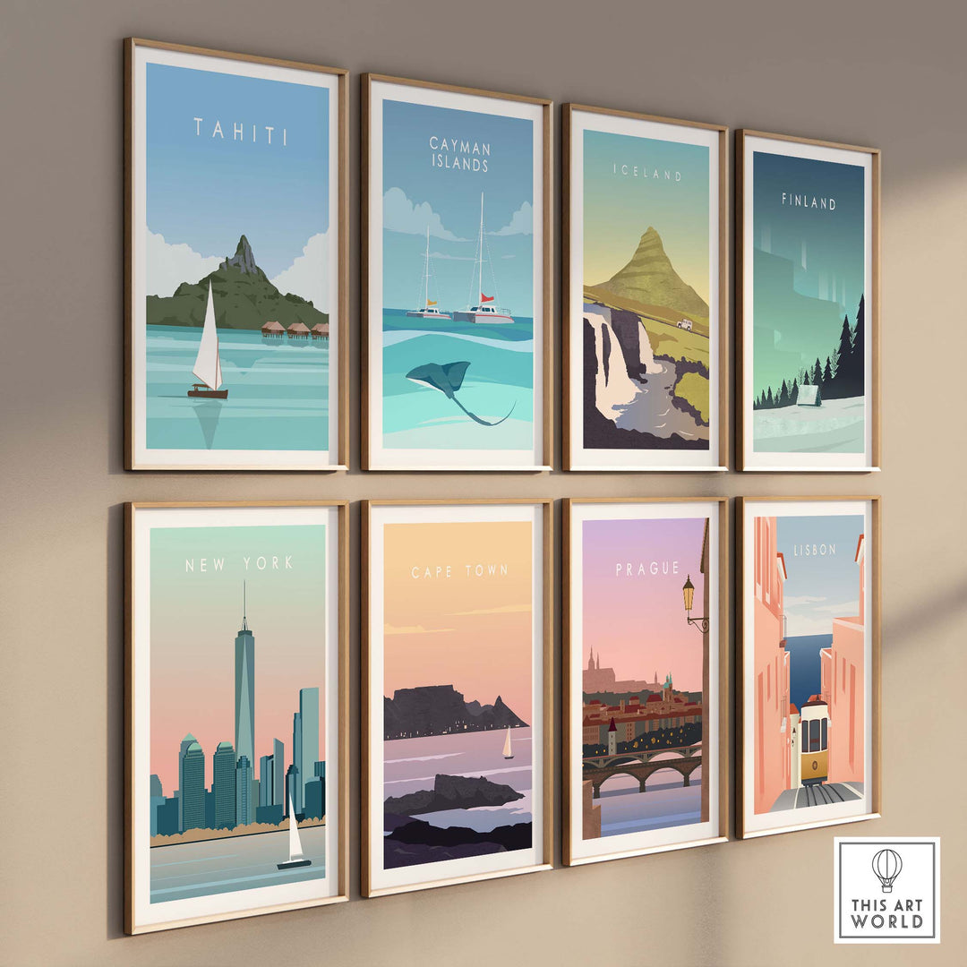 Tahiti poster travel print collection featuring vintage designs of iconic destinations and stylish wall art.