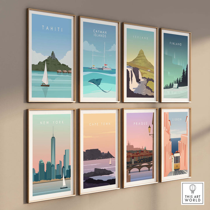 Tahiti poster travel print collection featuring vintage designs of iconic destinations and stylish wall art.