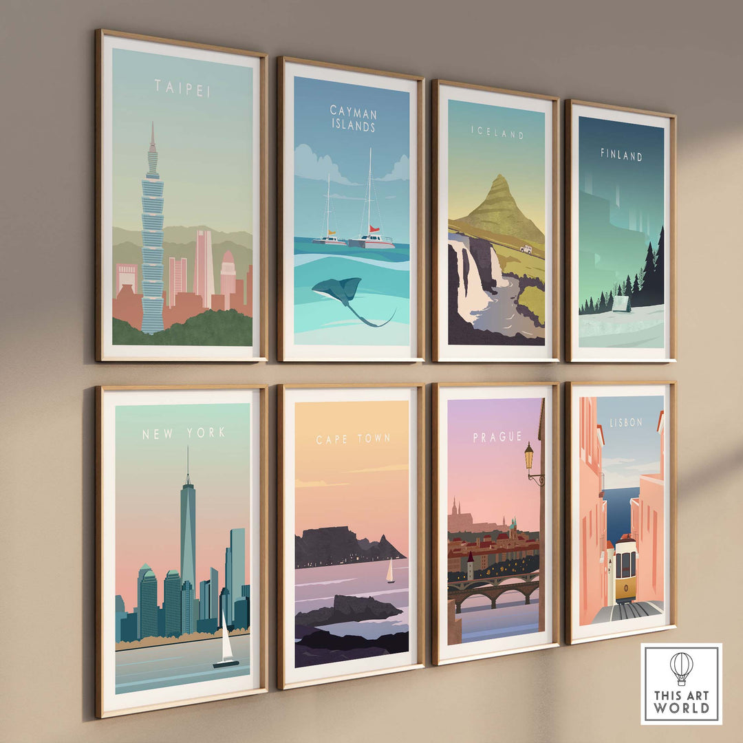 Collection of vintage travel posters including Taipei, New York, and Cape Town displayed in stylish frames.