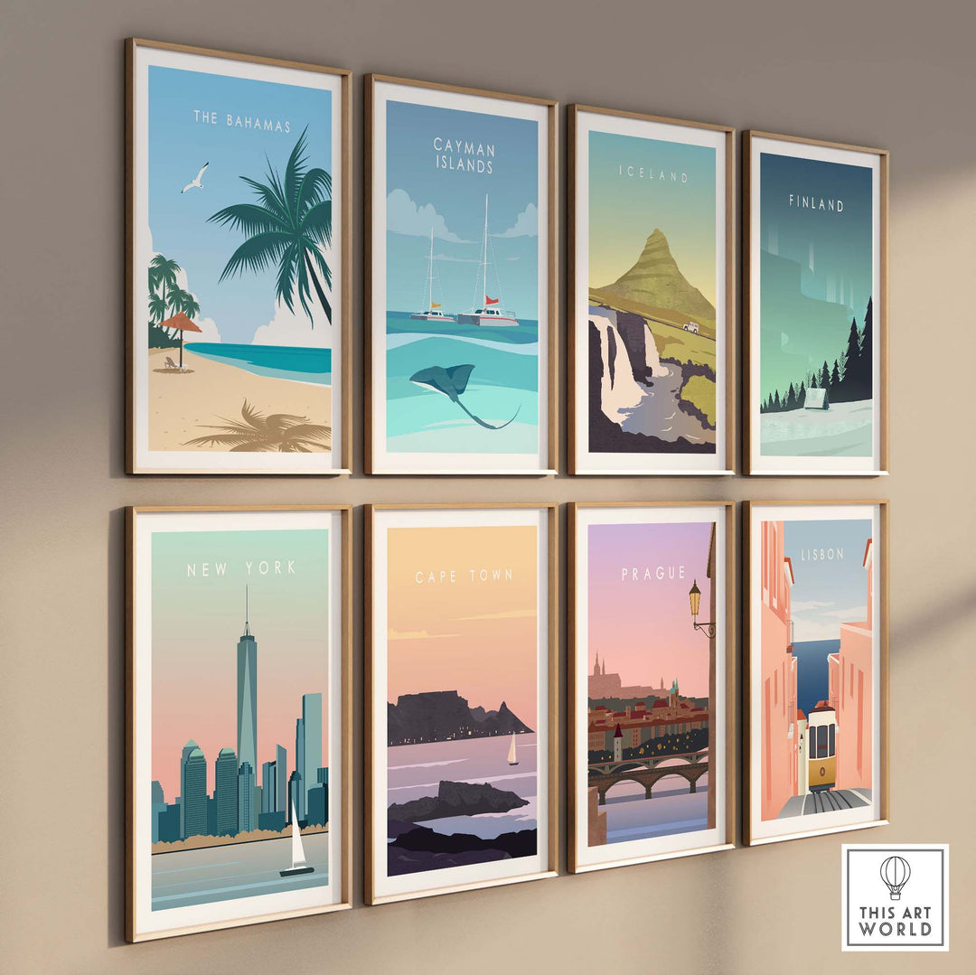 Gallery of vintage travel posters including The Bahamas, Catman Islands, New York, and more, styled in minimalist design.