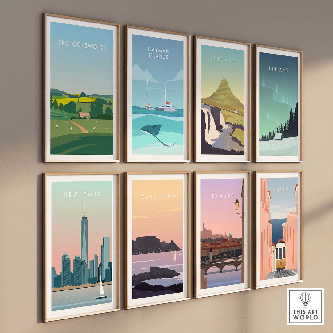 A collection of vintage-inspired travel poster prints including The Cotswolds, Iceland, and New York, displayed in frames.