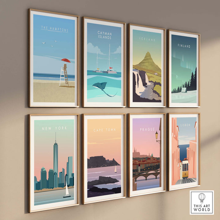 Gallery display of The Hamptons and other vintage travel poster prints in clean minimalist frames.