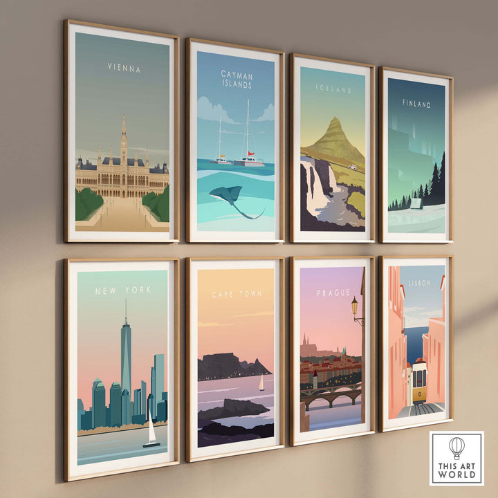 Collection of travel posters including Vienna, New York, Cape Town, and Prague, showcasing vintage travel artistry.