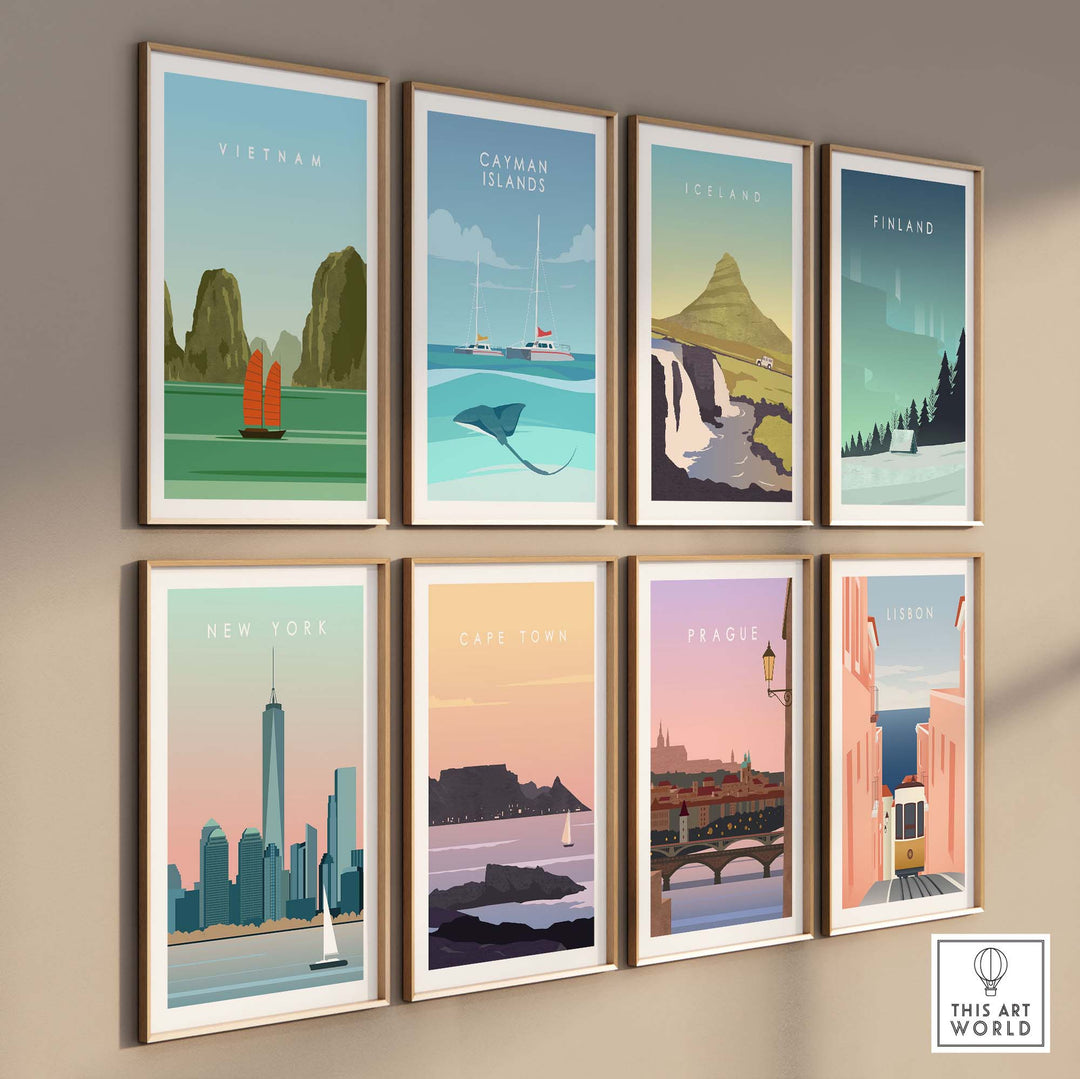 Collection of vintage-style travel poster prints including Vietnam, Catman Islands, and more, displayed in stylish frames.
