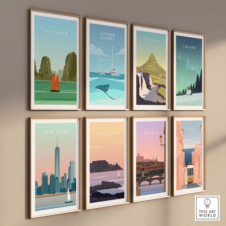 Collection of vintage-style travel poster prints including Vietnam, Catman Islands, and more, displayed in stylish frames.