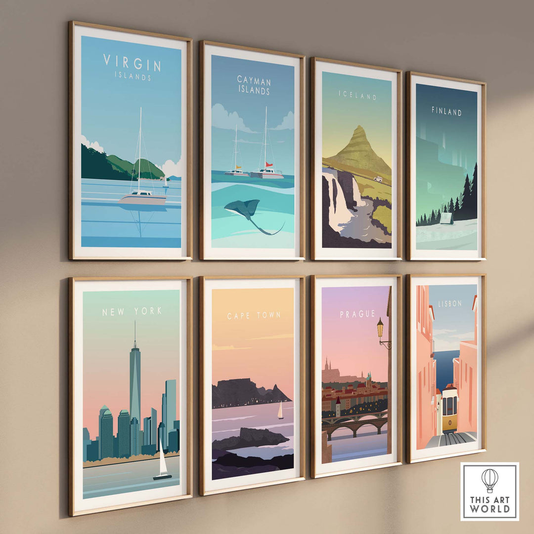 Collection of vintage travel poster prints featuring destinations like Virgin Islands, New York, and Cape Town on a gallery wall.