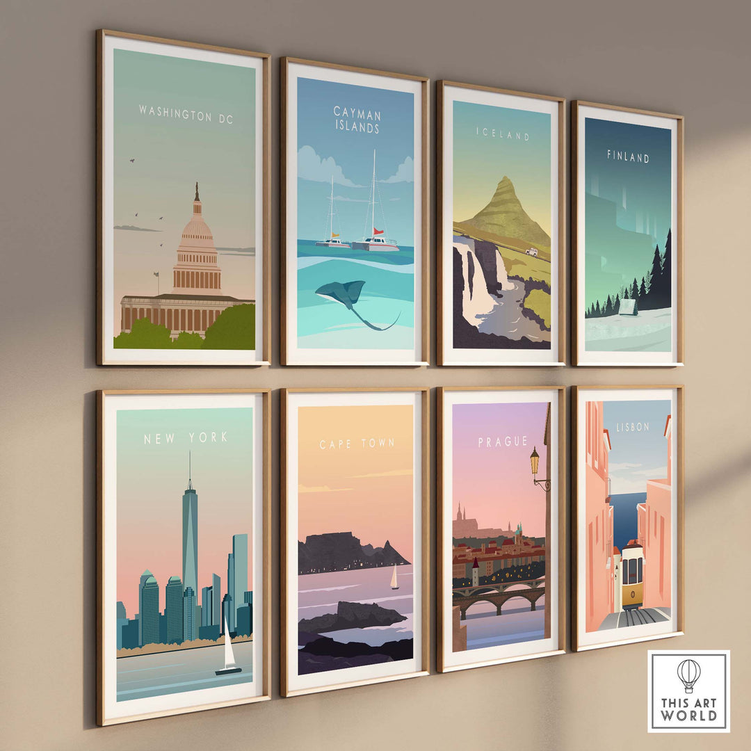 Collection of vintage travel poster prints featuring destinations like Washington DC, New York, and Cape Town.