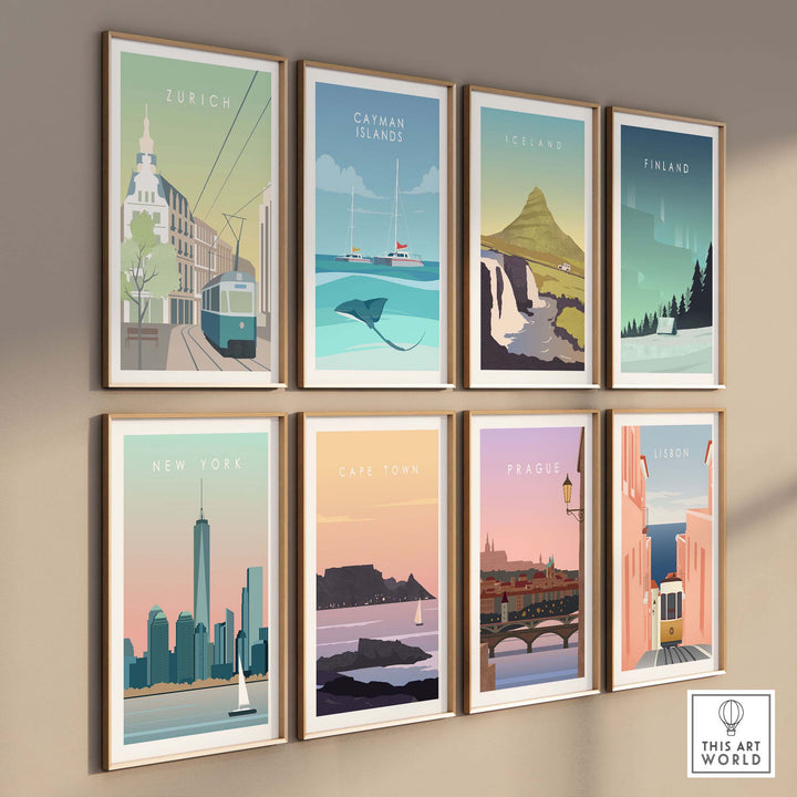 Stylish Zurich Print Wall Art Poster among vintage travel prints on display in modern frames.