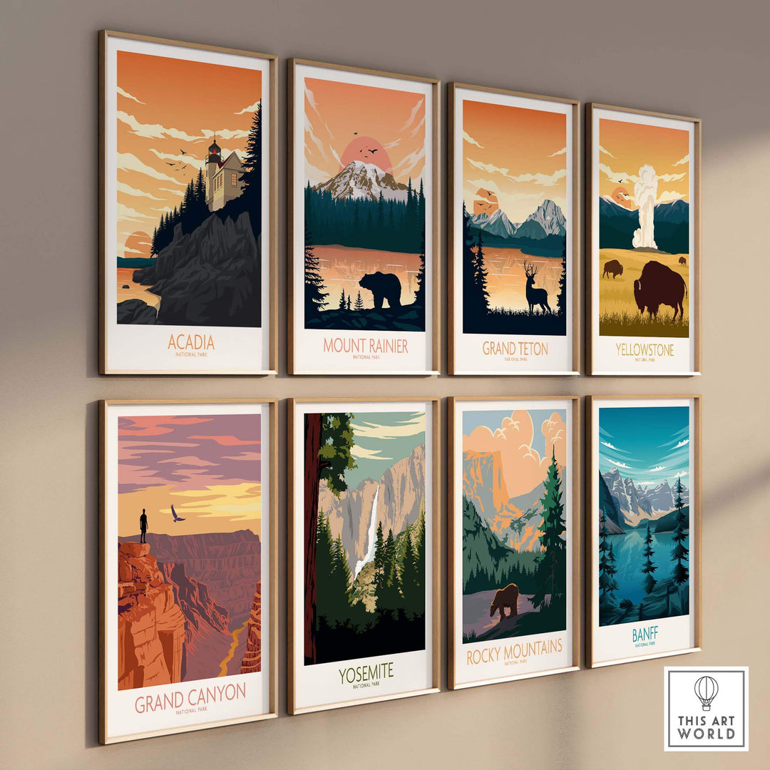 Collection of vintage-style national park posters including Acadia, Mount Rainier, Grand Teton, and more.