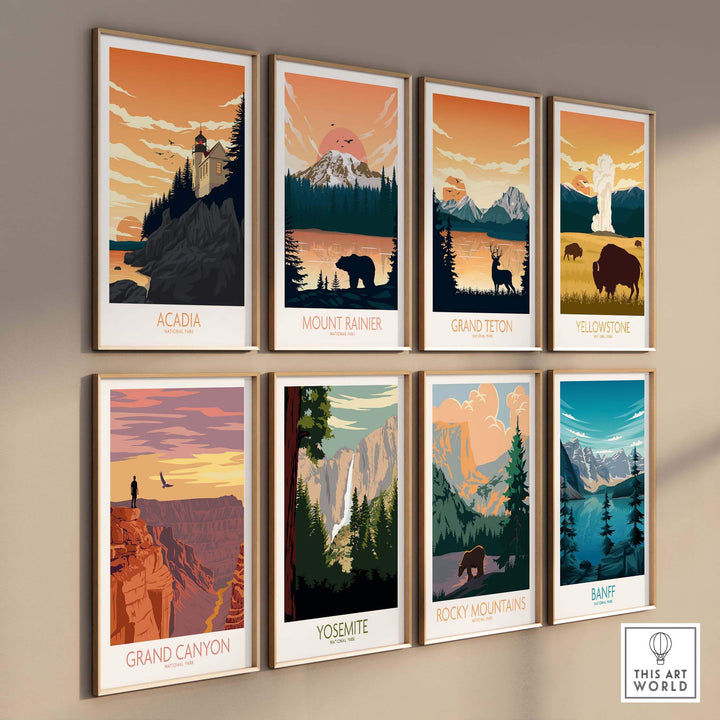 Collection of vintage-style national park posters including Acadia, Mount Rainier, Grand Teton, and more.