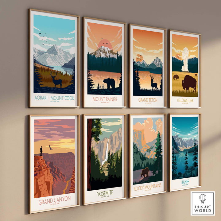 Collection of vintage-style travel posters featuring Mount Cook, Grand Canyon, and other national parks.