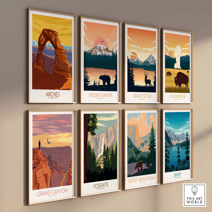 Collection of vintage-inspired National Park poster prints featuring Arches, Grand Canyon, and more.