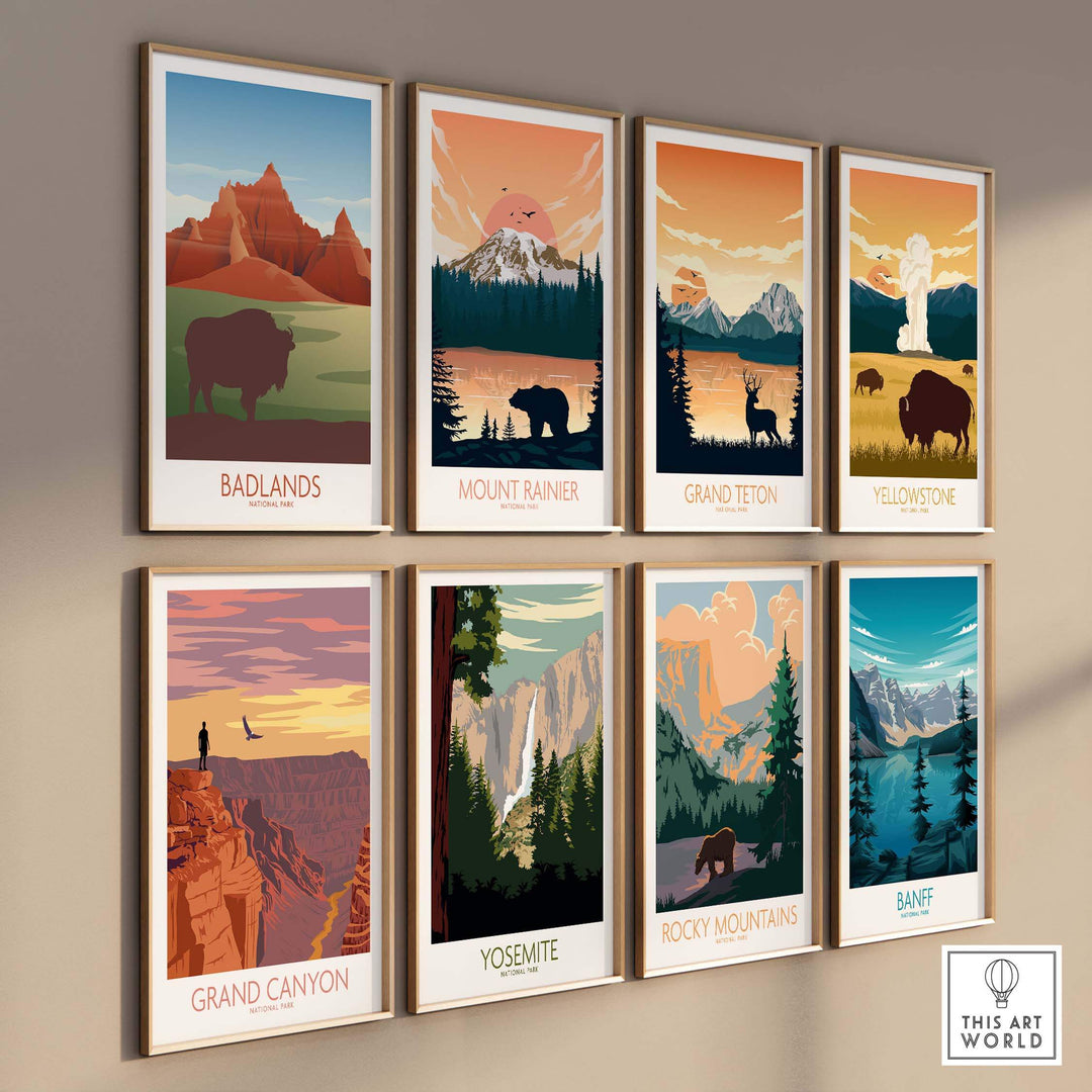 Collection of National Park art prints featuring Badlands, Mount Rainier, Grand Teton, and more in minimalist style.