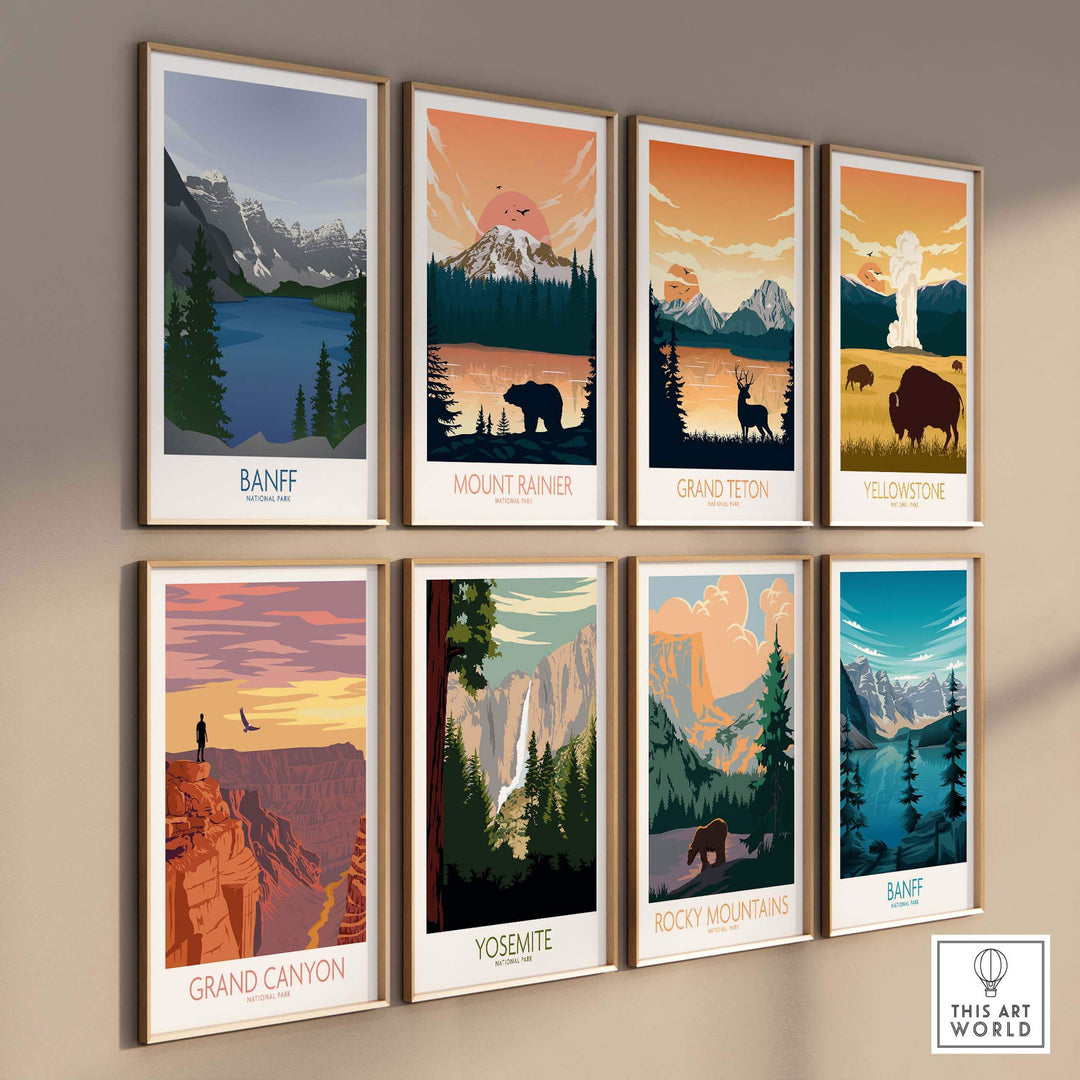 Collection of minimalist art prints featuring Banff, Grand Canyon, Yosemite, and other national parks.
