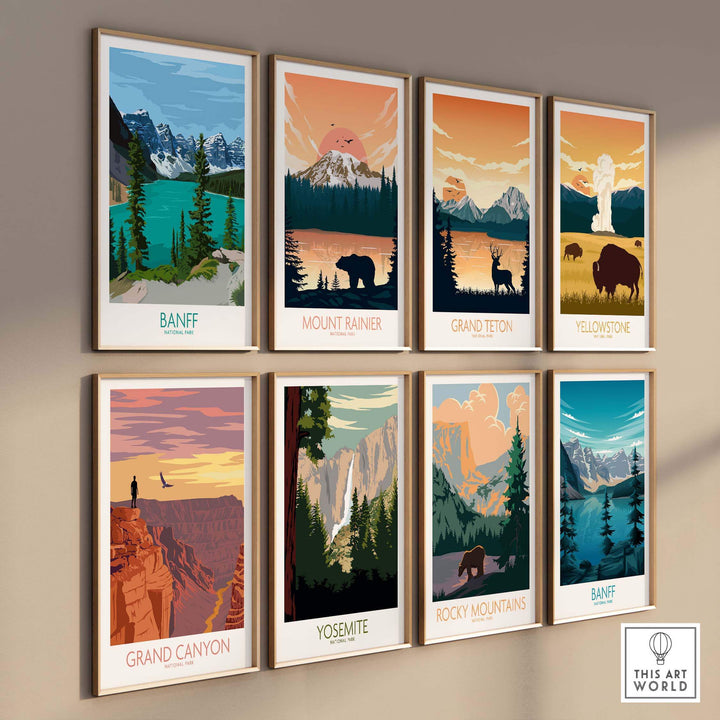 Collection of vintage-style national park poster prints including Banff, Grand Canyon, and more, framed on a wall.