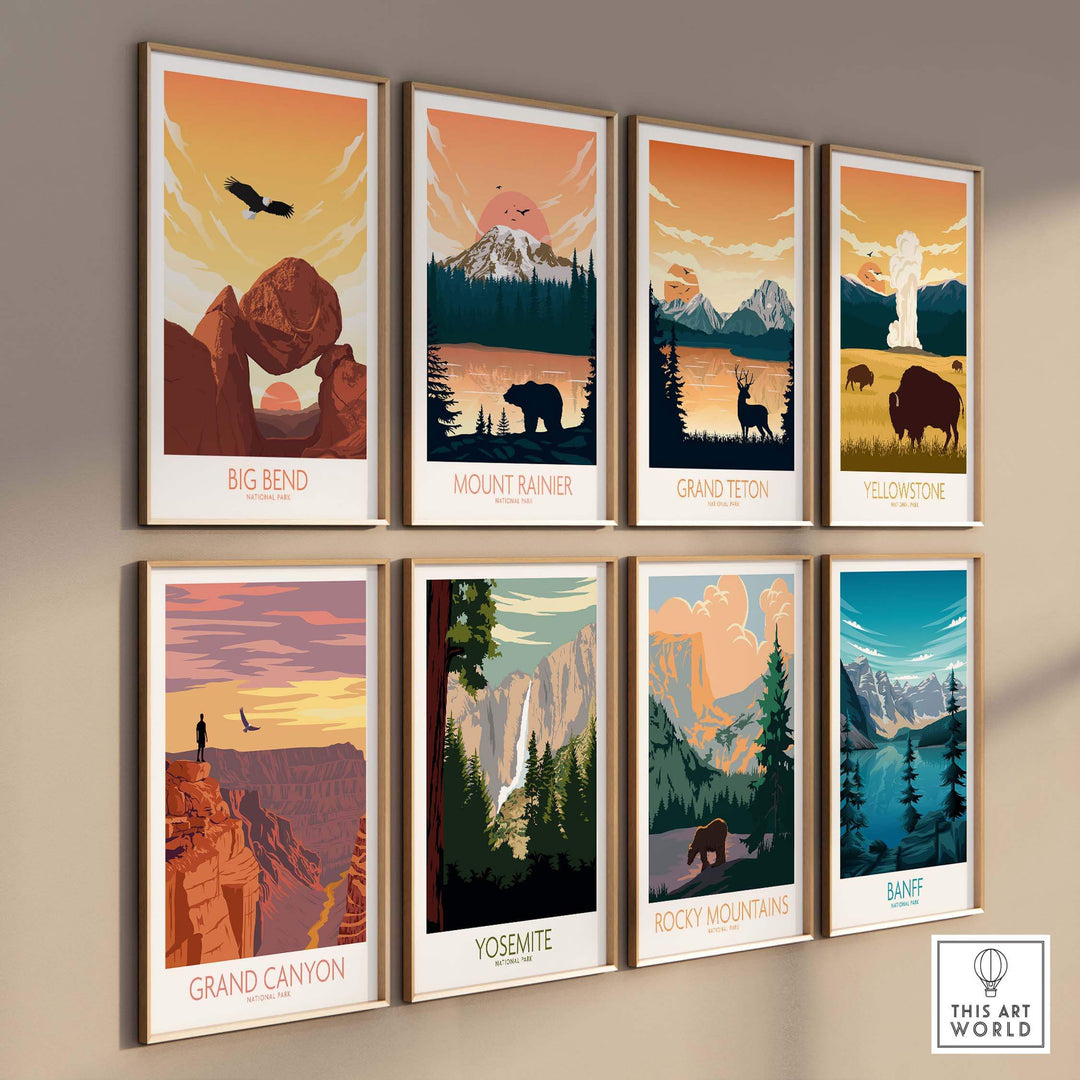 Collection of vintage-style national park art prints including Big Bend, Grand Canyon, and Mount Rainier.