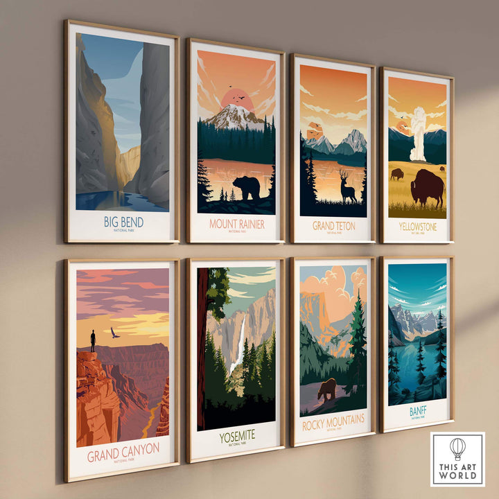 Collection of vintage-style national park art prints including Big Bend, Grand Canyon, and Yosemite.