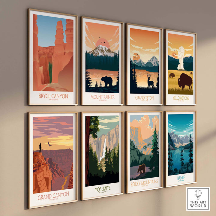 Framed art prints of national parks including Bryce Canyon, Grand Canyon, and more for stylish wall decor.