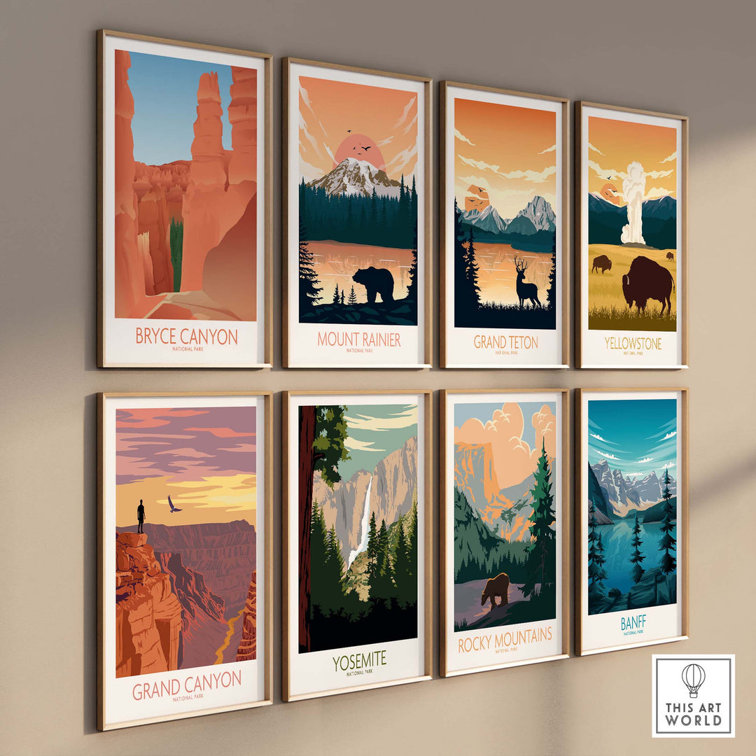 Collection of vintage-style National Park posters featuring Bryce Canyon, Mount Rainier, Grand Teton, Yellowstone, and more.