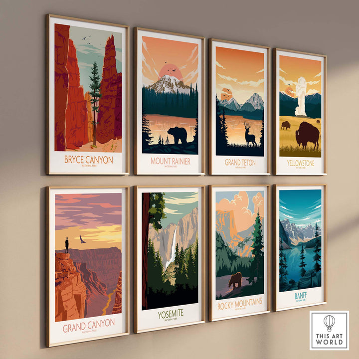 Bryce Canyon and National Park vintage poster prints framed on a wall, showcasing stunning outdoor art.
