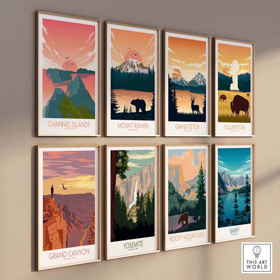 Framed travel art posters featuring national parks including Channel Islands, Yosemite, and Grand Canyon.