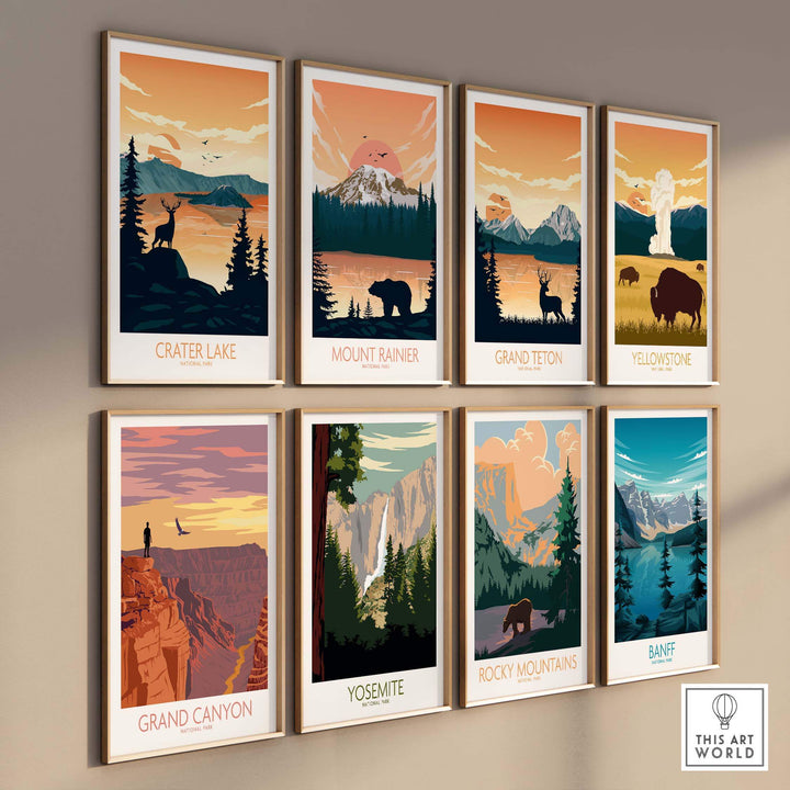Gallery of National Park art prints including Crater Lake, Mount Rainier, Grand Teton, Yellowstone, Grand Canyon, Yosemite, Rocky Mountains, Banff.