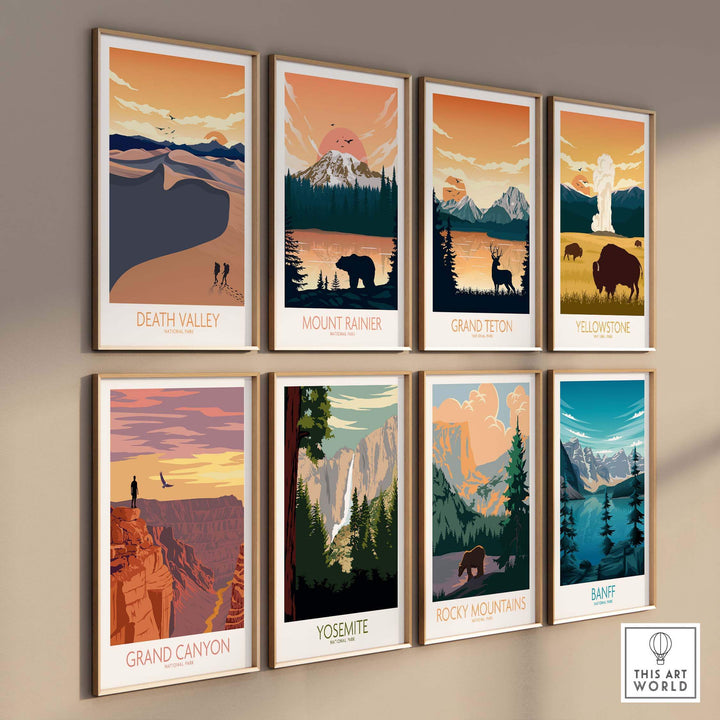 Colorful vintage-style posters of US National Parks, including Grand Canyon, showcased in elegant frames on a wall.