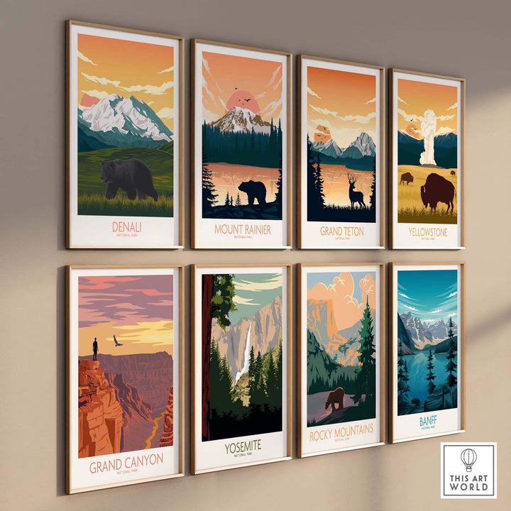 Collection of National Park posters featuring Denali, Mount Rainier, Grand Teton, Yellowstone, Grand Canyon, Yosemite, Rocky Mountains, and Banff.