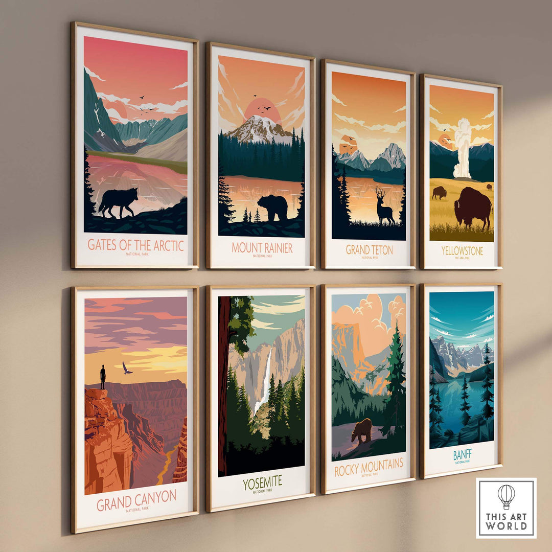 Collection of National Park art prints featuring Gates of the Arctic, Grand Canyon, Yellowstone, and more.