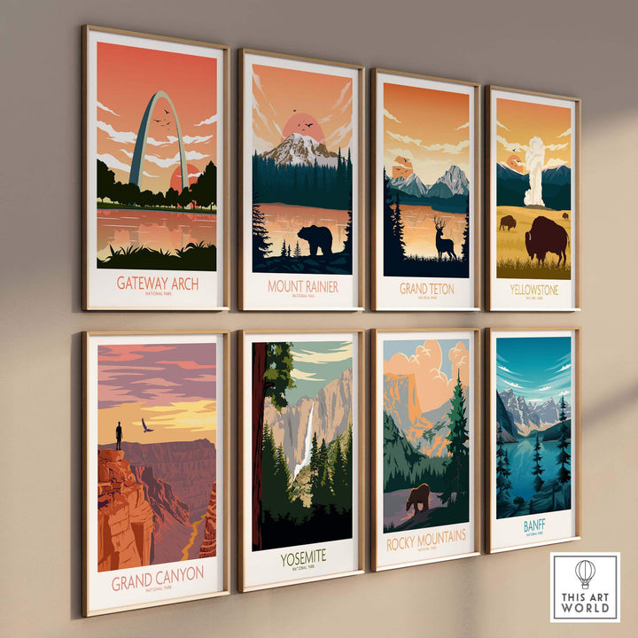 Gallery wall of vintage-style national park posters featuring Gateway Arch, Mount Rainier, Grand Teton, and more.