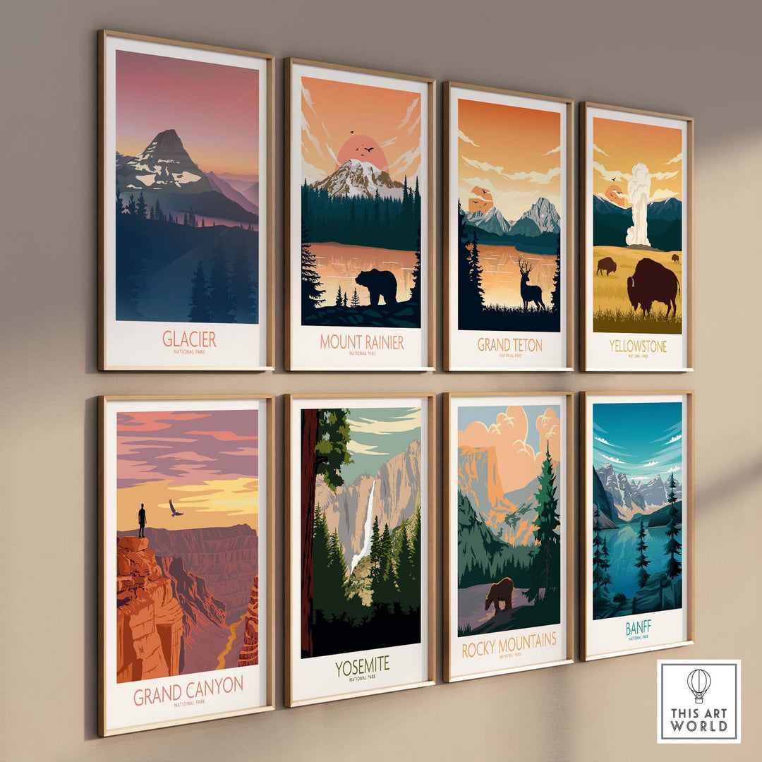 Collection of minimalist national park art prints featuring Glacier, Mount Rainier, Grand Teton, Yellowstone, and more.
