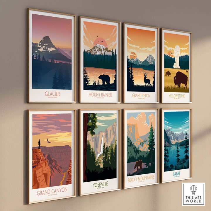 Collection of minimalist national park art prints featuring Glacier, Mount Rainier, Grand Teton, Yellowstone, and more.