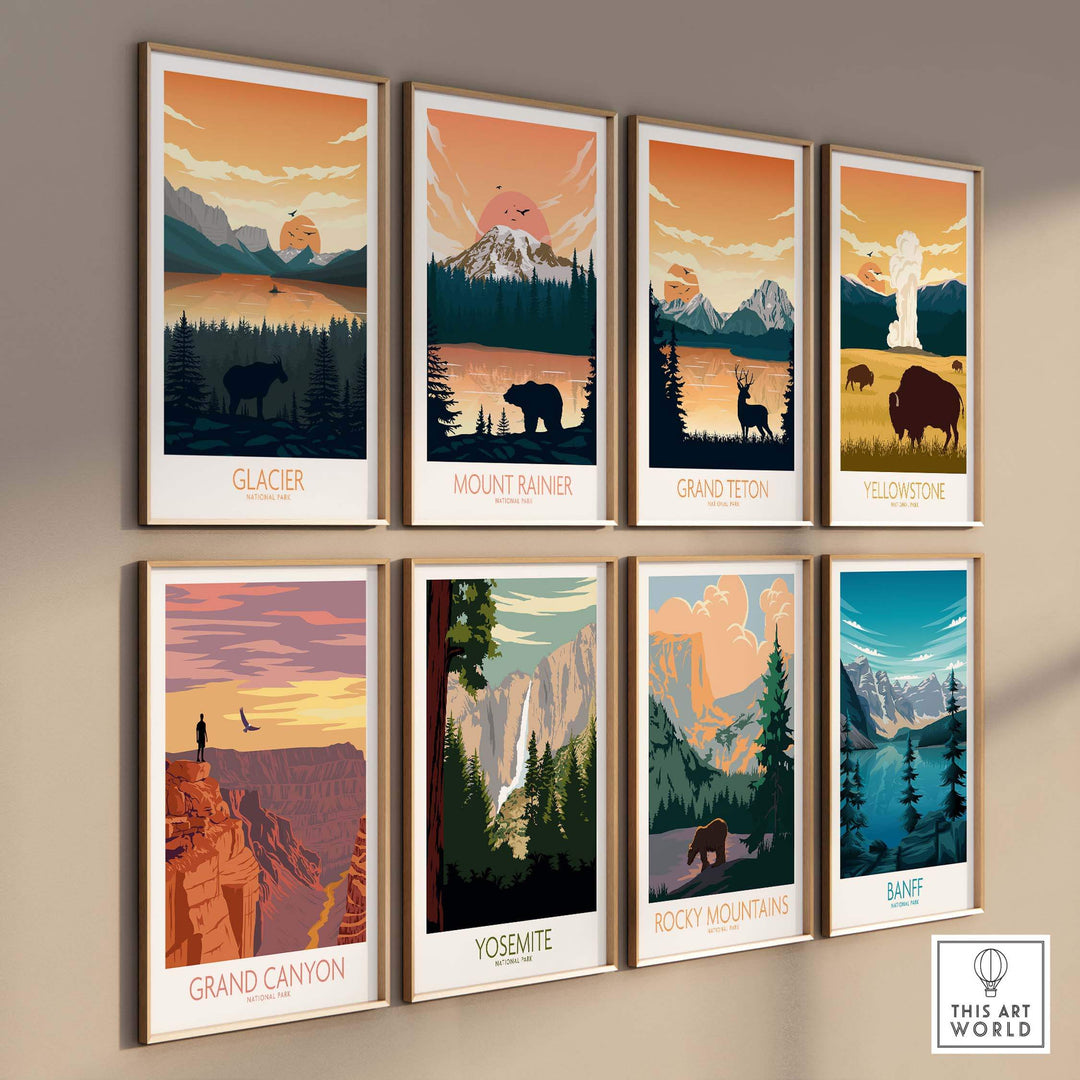 Collection of minimalist national park posters including Glacier, Grand Canyon, and Yellowstone in stylish frames.