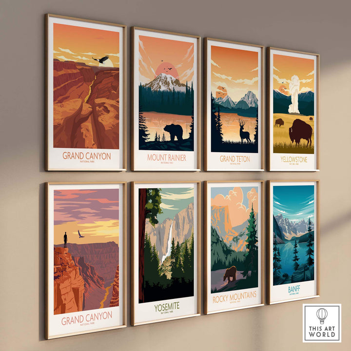 Grand Canyon and national park art prints displayed on a wall, featuring vintage-inspired designs in bold colors.