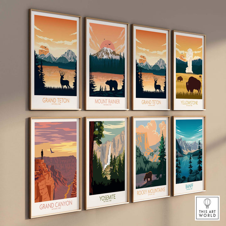 Collection of vintage national park posters featuring Grand Teton, Mount Rainier, and more in a minimalist style.