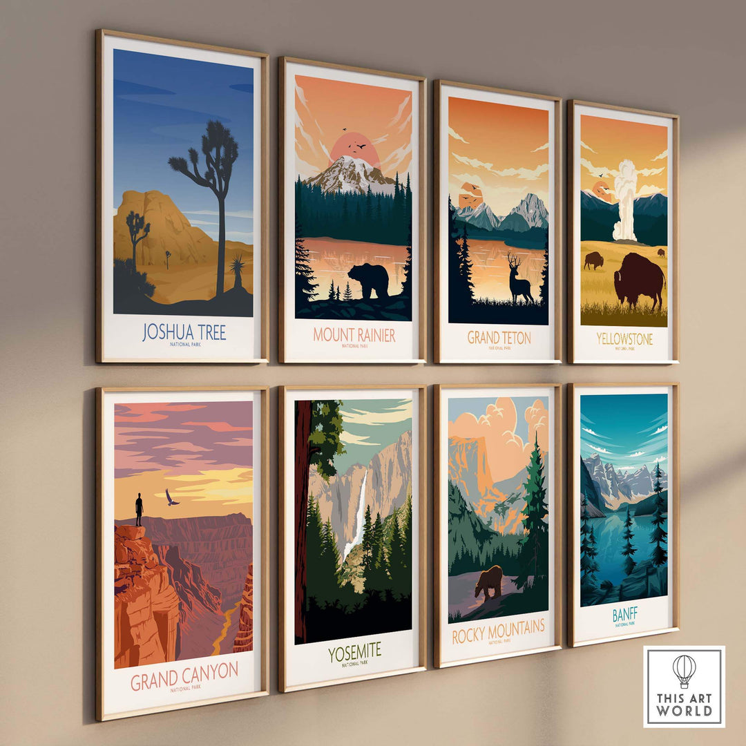 Art prints of national parks including Joshua Tree, Mount Rainier, Grand Teton, and more, displayed in a stylish arrangement.
