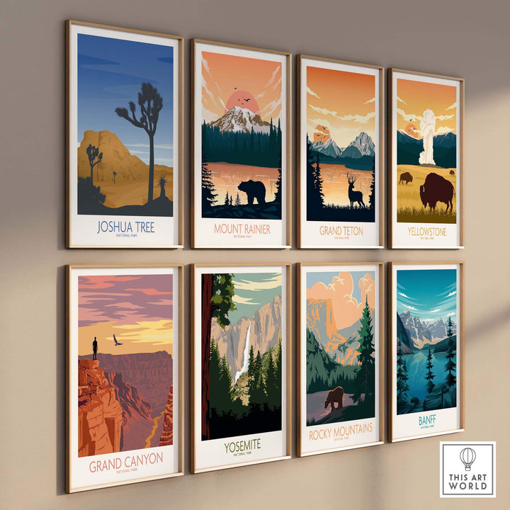 Art prints of national parks including Joshua Tree, Mount Rainier, Grand Teton, and more, displayed in a stylish arrangement.
