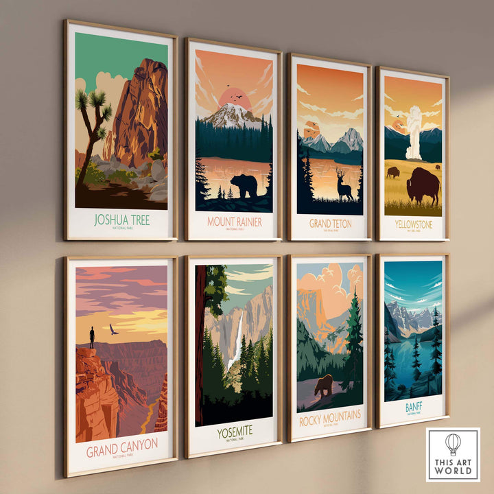 Collection of vintage-style national park poster prints, featuring Joshua Tree, Grand Canyon, and more, displayed on a wall.