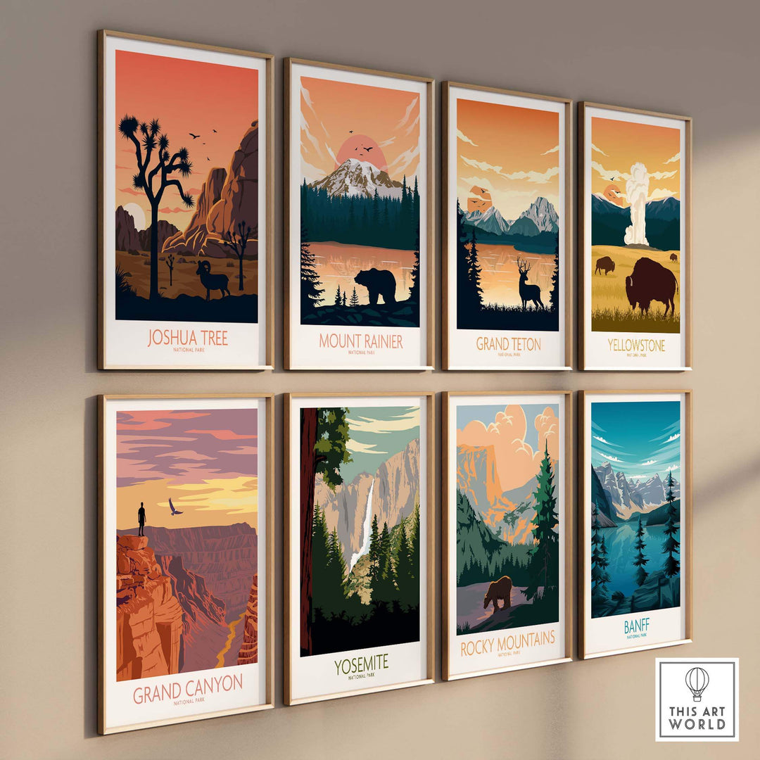 A collection of national park posters including Joshua Tree, Mount Rainier, Grand Teton, and more in a stylish gallery wall display.