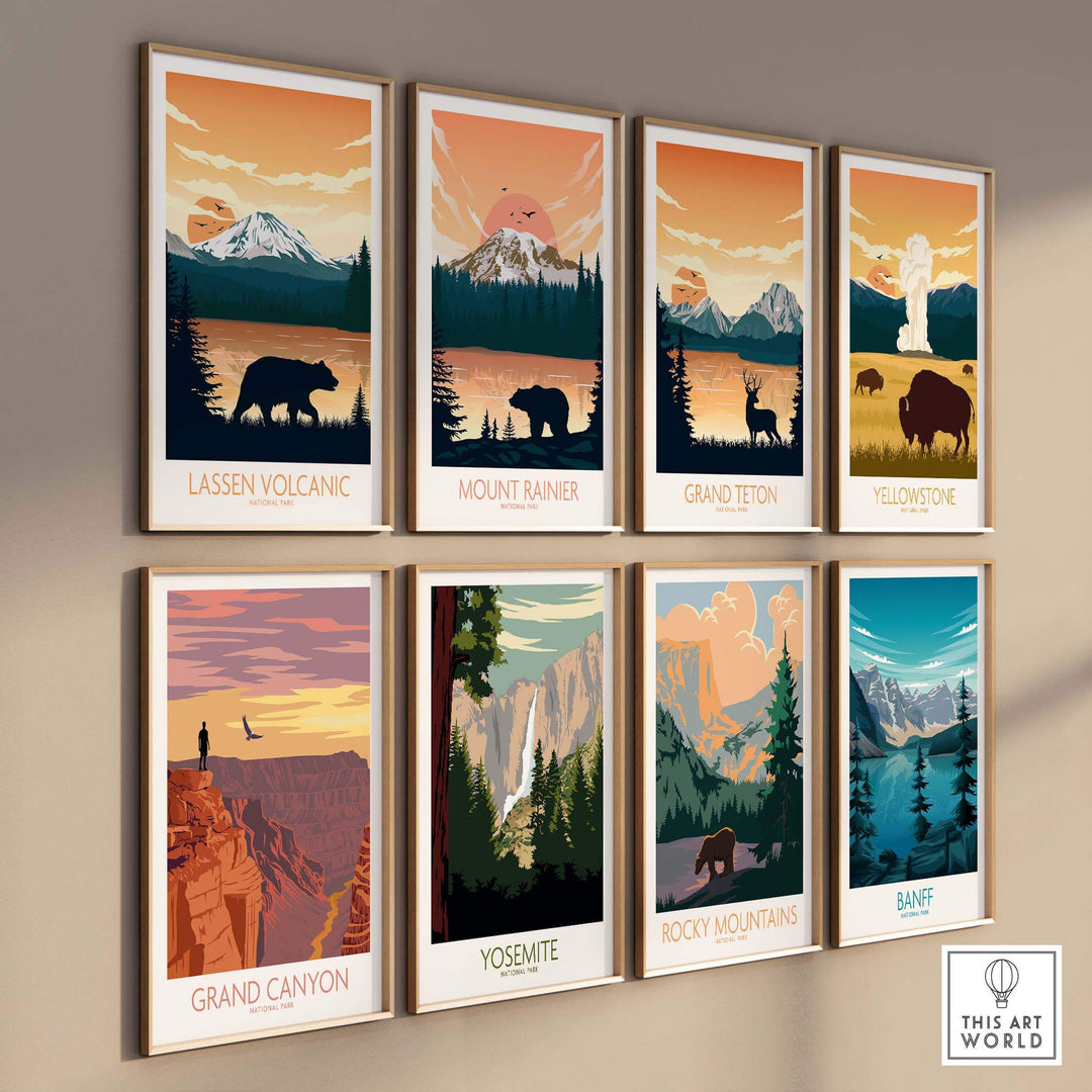Lassen Volcanic National Park poster collection featuring minimalist designs of iconic US national parks.