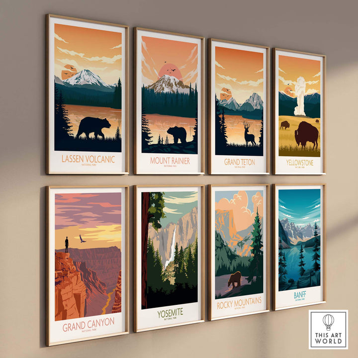 Lassen Volcanic National Park poster collection featuring minimalist designs of iconic US national parks.