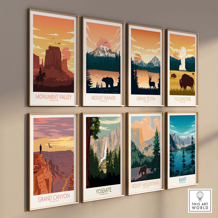 Gallery of National Park posters featuring Mount Rainier, Yosemite, and others in vibrant minimalist style.