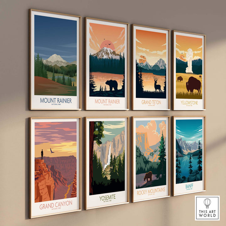 Collection of vintage-style National Park art prints including Mount Rainier, Grand Canyon, and Yosemite.