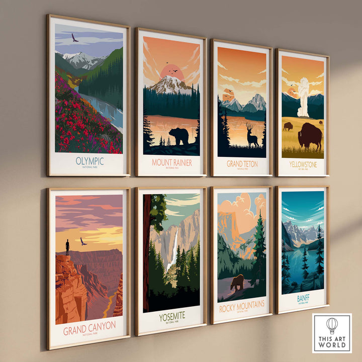 Gallery of national park art prints including Olympic, Mount Rainier, and Grand Canyon in a minimalist style.