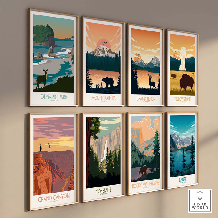 Collection of National Park wall art featuring Olympic Park, Mount Rainier, and more in vibrant, minimalist styles.