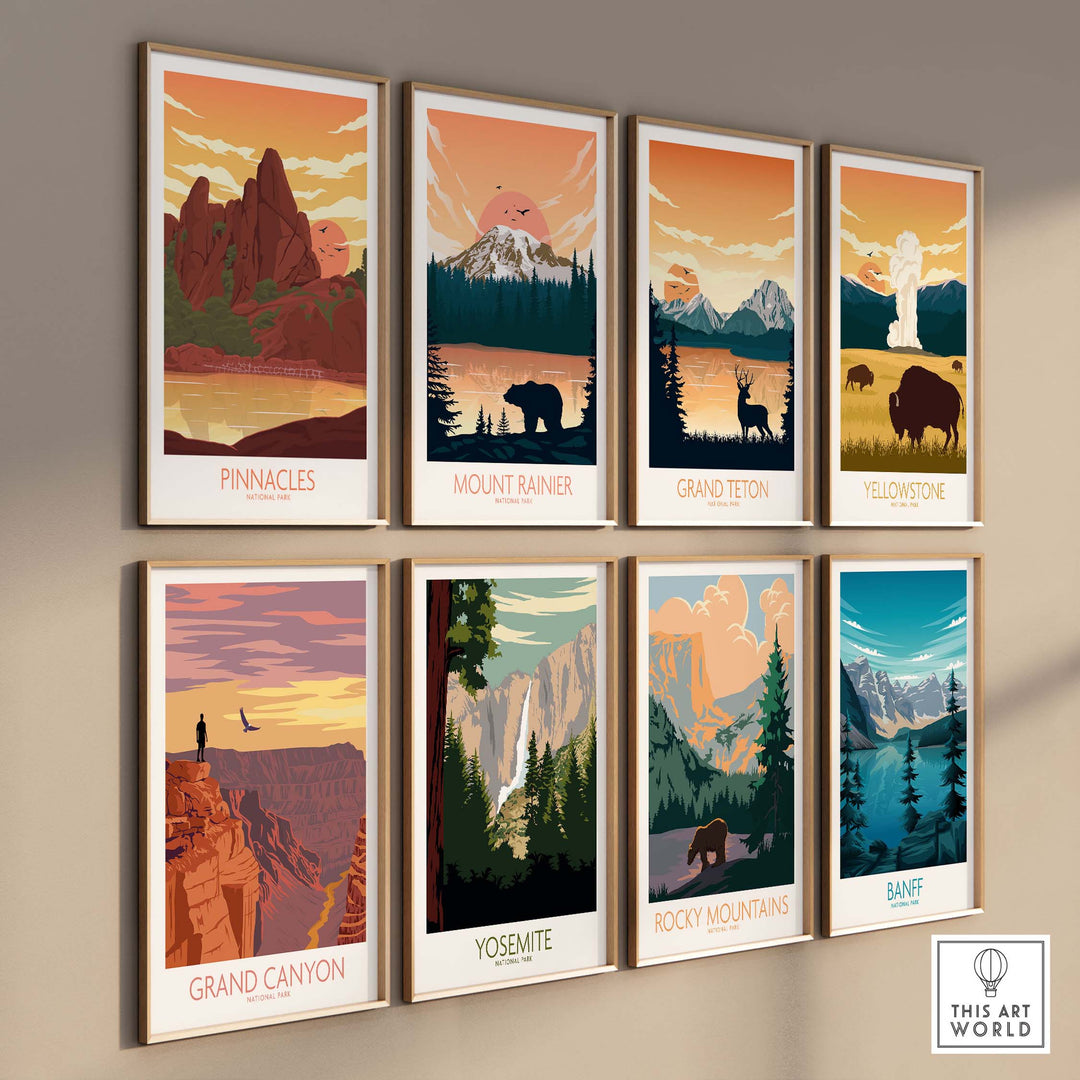 Collection of National Park posters including Pinnacles, Mount Rainier, Grand Teton, Yellowstone, Grand Canyon, Yosemite, Rocky Mountains, Banff.