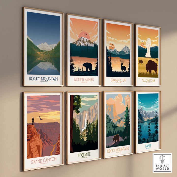Collection of National Park art prints including Rocky Mountain, Grand Canyon, and Yosemite in minimalist style on wall.