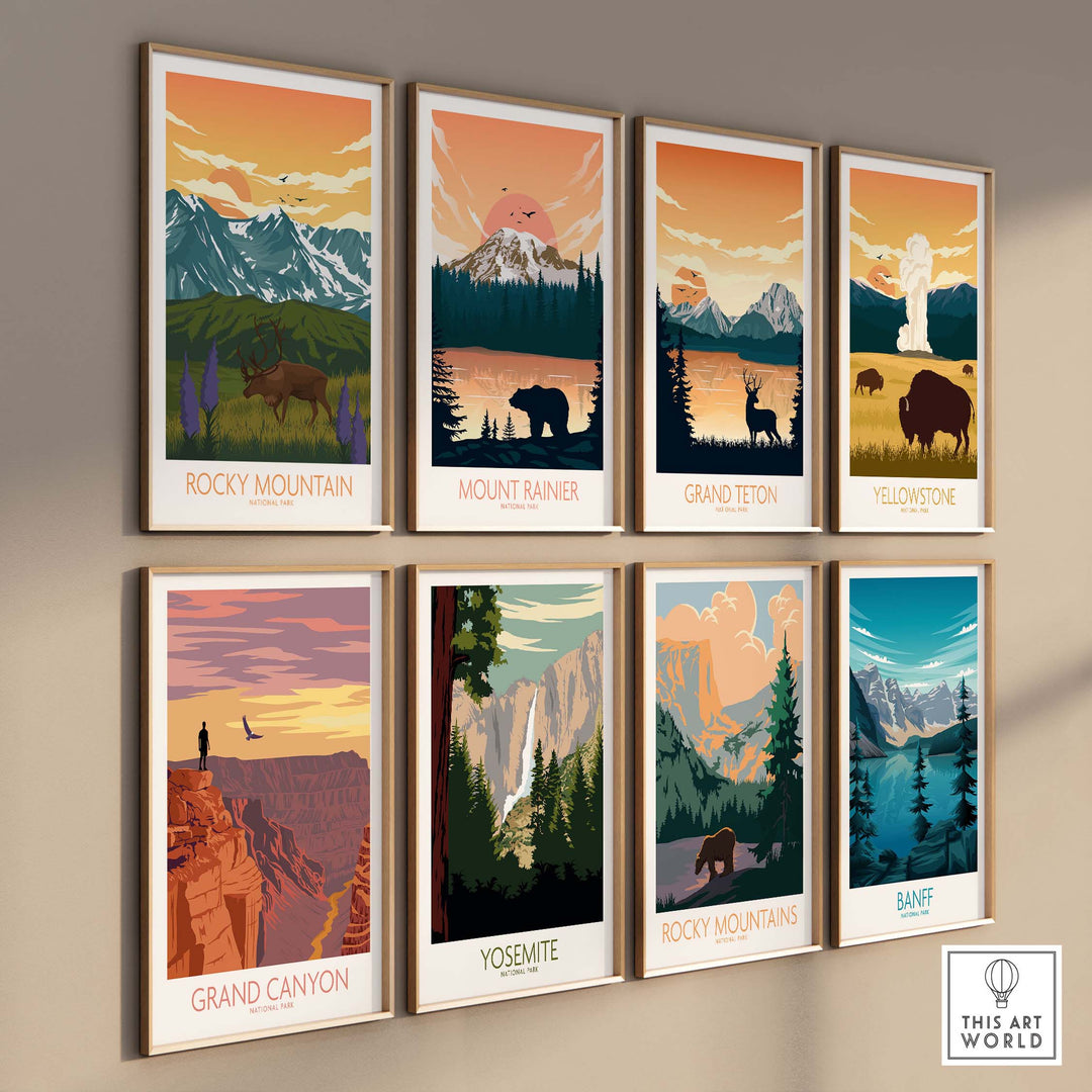 Colorful nature art prints of national parks including Rocky Mountain, Grand Canyon, Yosemite, and Banff on a wall.