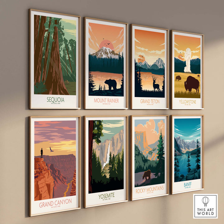 Collection of vintage National Park poster prints including Sequoia, Yosemite, and Grand Canyon on a wall.